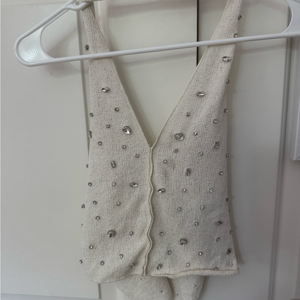 Zara White Beaded Knit Top